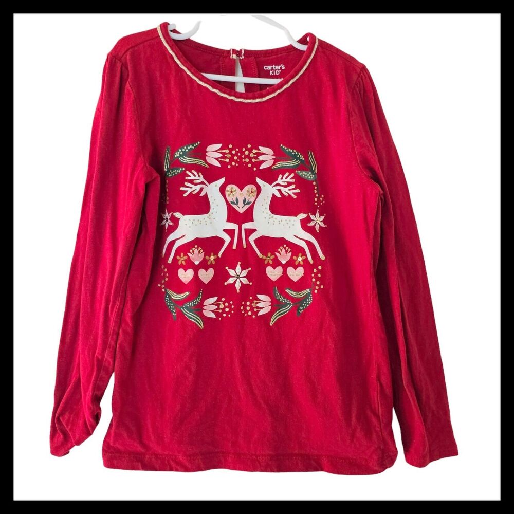 CARTER'S Christmas Reindeer Jersey T-shirt Red‎ Long Sleeves Shimmer Girls Sz 12